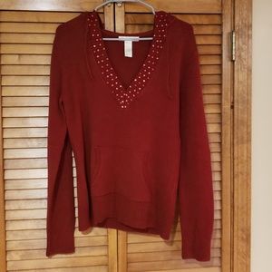 Red V neck sweater with hood